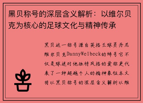 黑贝称号的深层含义解析:以维尔贝克为核心的足球文化与精神传承 黑贝称号的深层含义解析:以维尔贝克为核心的足球文化与精神传承